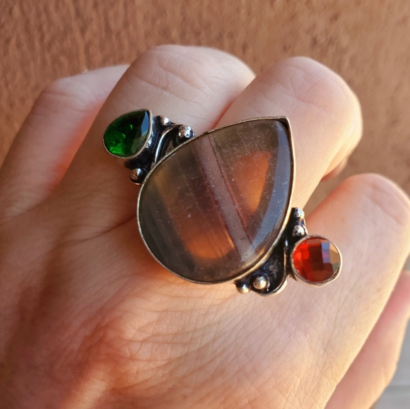 New Fluorite, Garnet and Green Quartz 925 Silver Ring. - Picture 15 of 15